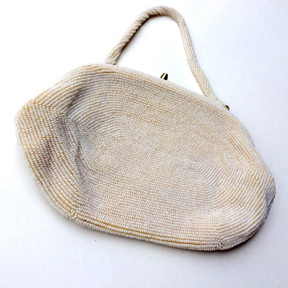 Vintage VTG Beaded Ivory Clutch Evening Handbag - Picture 5 of 8